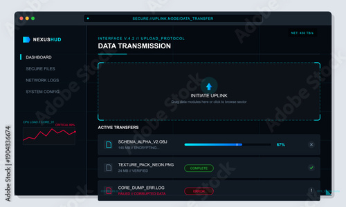 A futuristic digital dashboard interface showing data transmission progress with file uploads, system monitoring graphs, and a dark high-tech user interface design for software.