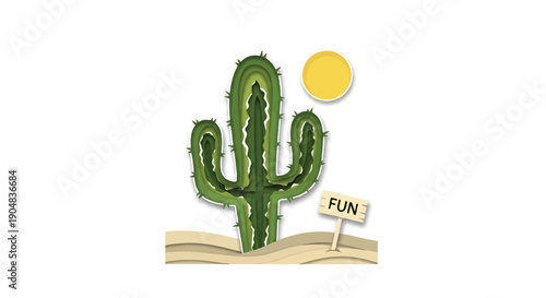Saguaro Cactus in Desert Sand with Sun and FUN Sign Ransom Note Collage