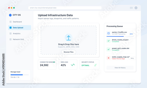 A digital dashboard interface for uploading infrastructure data in a smart city operating system, featuring a file upload area, processing queue, and real-time system status metrics.