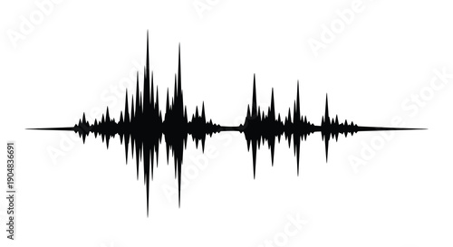 A striking black waveform illustration depicts sound vibrations resembling an audio recording or signal pattern high quality professional