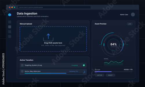 A dark mode digital dashboard interface for data ingestion featuring a manual upload section, active file transfer progress bars, and a circular asset preview gauge with signal graphs.