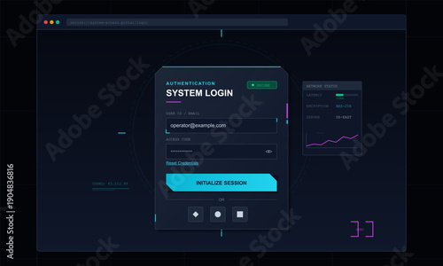 A futuristic digital user interface for a system login featuring authentication fields, network status metrics, and a dark high-tech aesthetic with neon cyan and magenta accents.