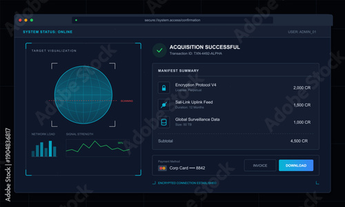 A futuristic digital interface displays a successful acquisition confirmation screen with a globe visualization, network data graphs, and a manifest summary of purchased virtual assets.