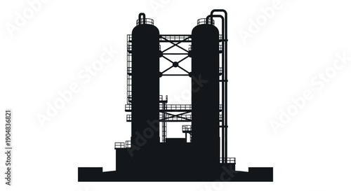 A stark black silhouette depicts an industrial structure possibly a refinery or distillation tower against white high quality