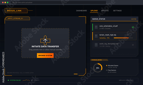 A futuristic digital dashboard interface for data transfer featuring an upload queue, storage matrix, and a central area to initiate file uploads with orange accents.