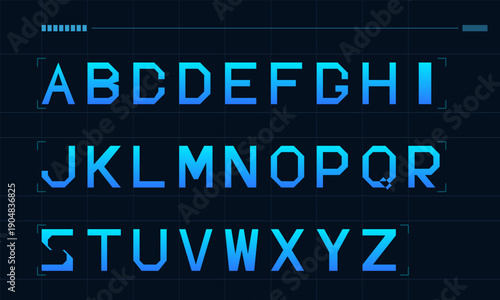 A complete set of futuristic alphabet letters from A to Z displayed in a bold geometric font with a blue gradient on a dark grid background with digital interface elements.