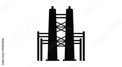 A stark black and white graphic depicts a symmetrical minimalist architectural structure resembling a gateway high quality professional