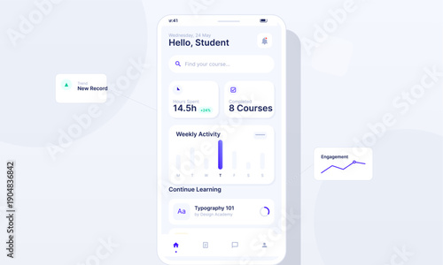 A clean mobile application interface for an educational dashboard featuring student progress metrics, weekly activity charts, and course tracking on a light background.