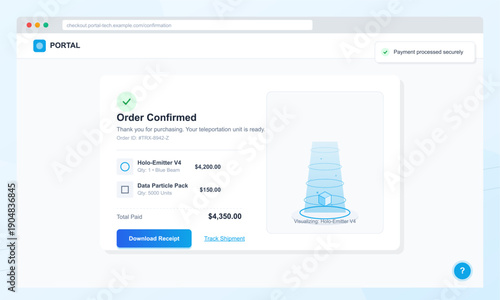 A web browser interface shows a completed purchase screen for advanced tech equipment, featuring a receipt summary, payment confirmation, and a 3D visualization of a device.