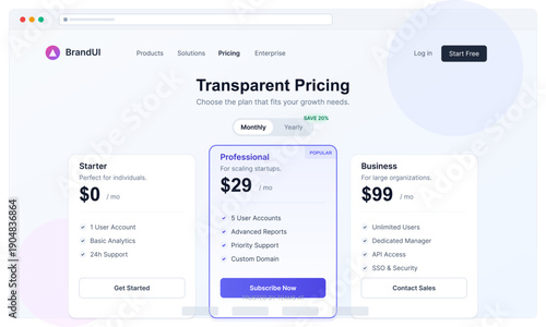 A modern website interface showing a transparent pricing page with three subscription tiers: starter, professional, and business. It features a clean layout with monthly and yearly options.