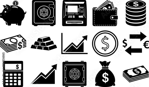 Comprehensive Collection of 15 Minimalist Financial and Banking Icons featuring Investment Charts Piggy Banks ATM Units and Vault Security