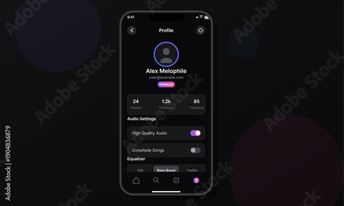 A mobile phone screen shows a music app profile with dark mode design. The interface includes audio settings, equalizer controls, and user stats against a dark purple background.