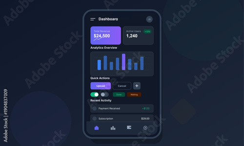 A modern mobile application dashboard interface featuring a dark theme with financial analytics, revenue statistics, user data charts, and quick action buttons for business management.