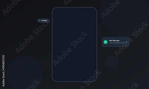 A dark minimalist user interface design featuring a central smartphone frame, a secure status indicator, and a new message notification with a verification code prompt.