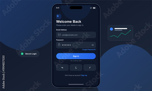 A dark mode mobile application login screen displayed on a smartphone featuring email and password input fields, a blue sign-in button, and social media authentication options.