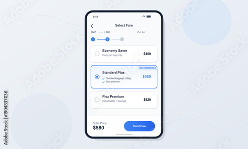 A mobile phone displays a flight fare selection screen for a trip from New York to London. The user interface shows three ticket options with prices and a blue continue button at the bottom.