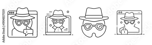 Incognito mode icons: hacker, privacy, anonymity, and online security concepts.