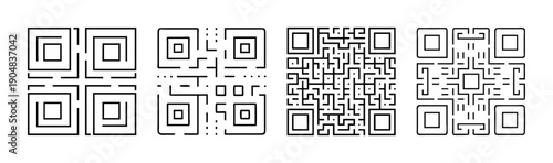 Set of four QR code designs in black and white line art style.