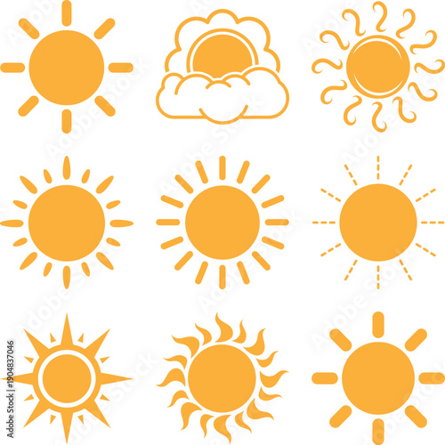 Collection of 9 Bright Orange Sun Icons featuring Various Ray Styles and Cloud Combinations for Weather and Solar Energy Design