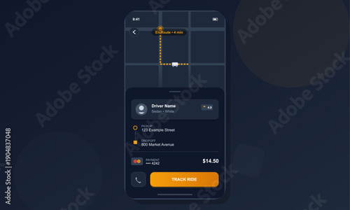 A mobile application interface for a ride-sharing service showing a map with a vehicle route, driver details, pickup and dropoff locations, and a track ride button in dark mode.