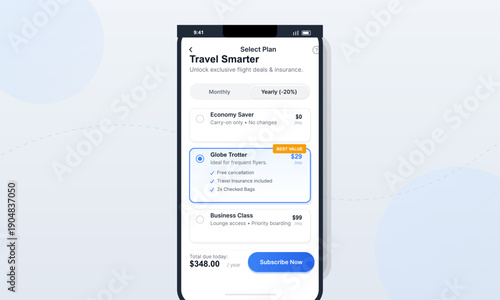 A mobile application interface displays various travel subscription plans including economy, frequent flyer, and business class options with pricing and features on a smartphone screen.