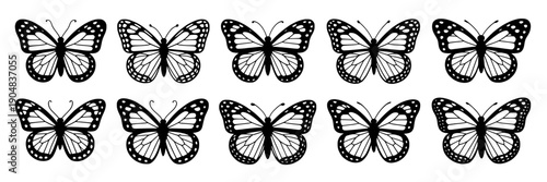 Butterflies outline vector set with ten black ink line art silhouettes, symmetrical wings and decorative patterns, isolated on white for tattoo, logo, stencil, print