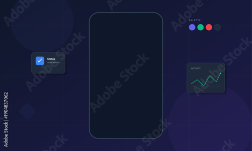 A dark blue user interface mockup featuring a central smartphone frame, a status checkmark box, a color palette, and an activity line graph on a minimalist background.