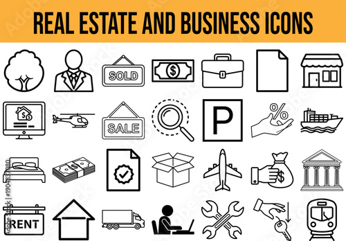 Large Collection of 28 Real Estate and Business Vector Icons featuring Property Sales Financial Transactions and Logistics Services