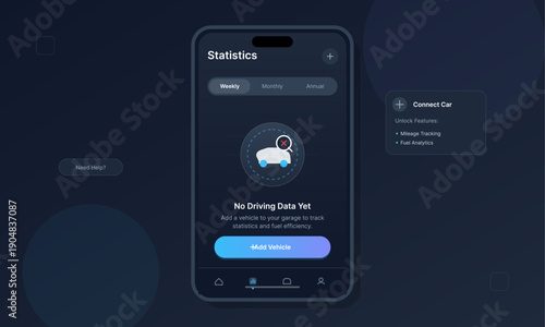 This mobile app user interface displays a vehicle statistics dashboard in dark mode with options to add a car and track mileage or fuel analytics on a smartphone screen.