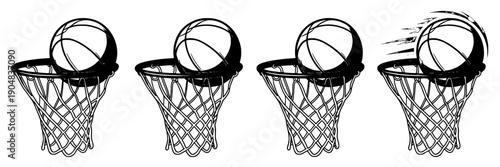 Basketballs swishing through hoops with motion lines and net details in a sequence of four stages featuring basketball, hoop, sports with action and illustration elements for black and white, vector