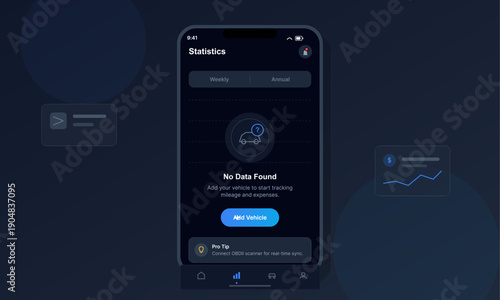 A smartphone displays a vehicle statistics application interface with a dark theme. The screen shows a message indicating no data is found and includes a button to add a new vehicle.