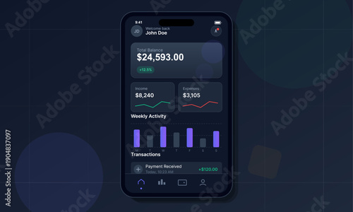 A smartphone displays a modern financial dashboard application with a dark interface showing total balance, income, expenses, weekly activity charts, and recent transaction history.