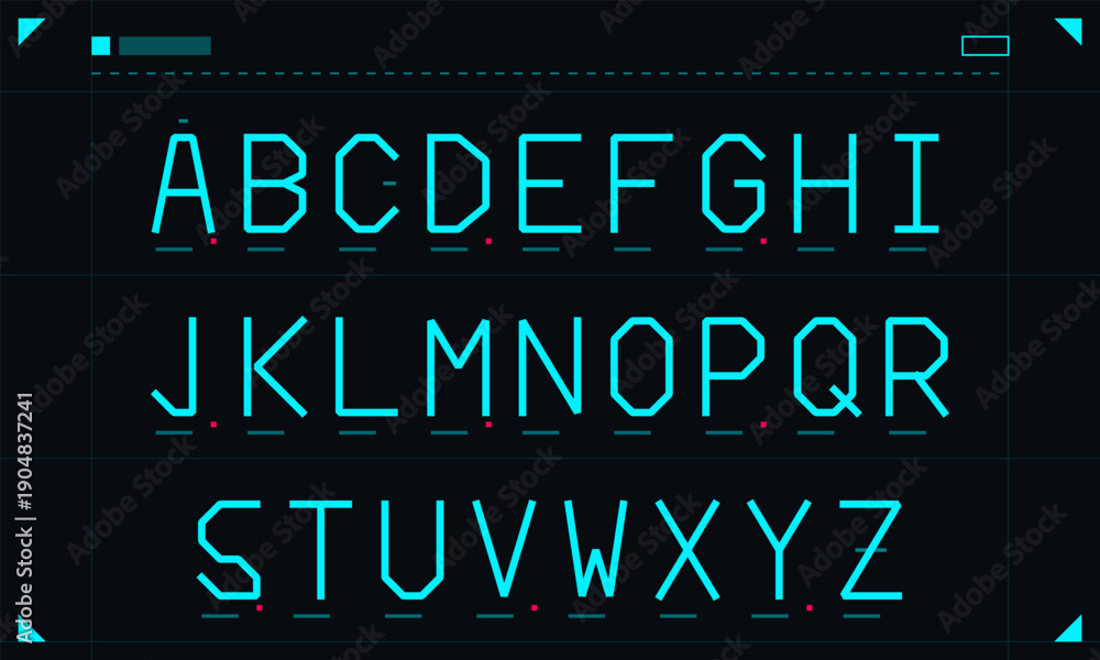 Fototapeta premium A complete set of uppercase English alphabet letters from A to Z displayed in a futuristic, digital font style with cyan lines on a dark background featuring geometric UI elements.