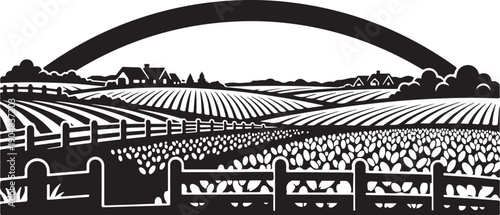 Black and White Illustration of a Rural Landscape Scene