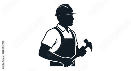 A stark black silhouette depicts a construction worker holding a hammer showcasing occupational safety high quality professional detailed