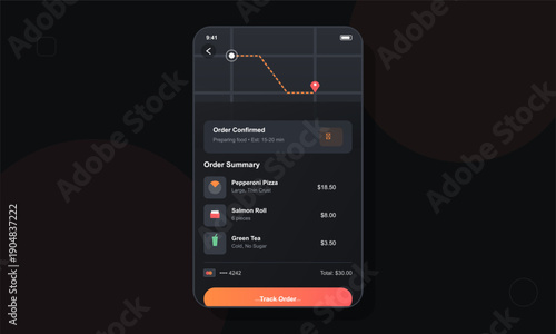 A mobile application interface showing a food delivery order summary and tracking map. The screen displays items like pizza and sushi with prices and a track order button on a dark theme.