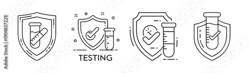 Line art icons of test tubes within shields, representing testing and quality assurance.