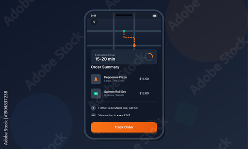 A smartphone displays a food delivery application interface with a map tracking a route, estimated arrival time, order summary for pizza and sushi, and a track order button.