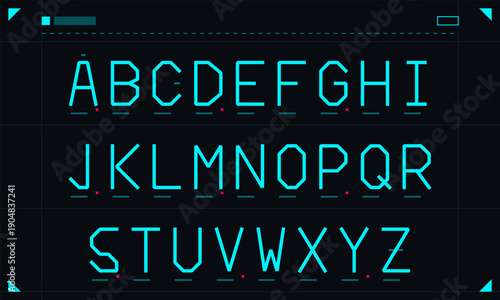 A complete set of uppercase English alphabet letters from A to Z displayed in a futuristic, digital font style with cyan lines on a dark background featuring geometric UI elements.