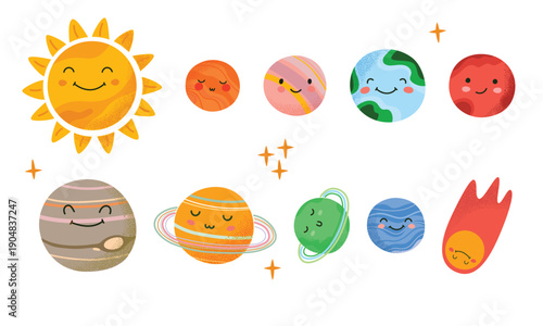 Cute solar system collection with smiling sun, planets, and comet. Kawaii space characters set for kids education, nursery posters, and stickers