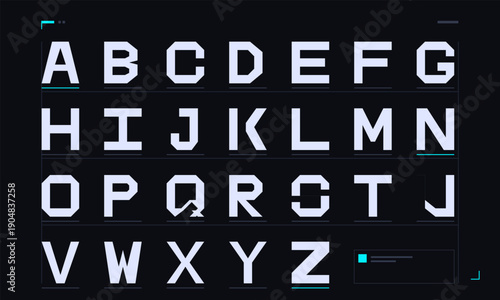 A complete set of uppercase English alphabet letters from A to Z displayed in a futuristic, geometric, and blocky font style on a dark background with cyan digital accents and grid lines.