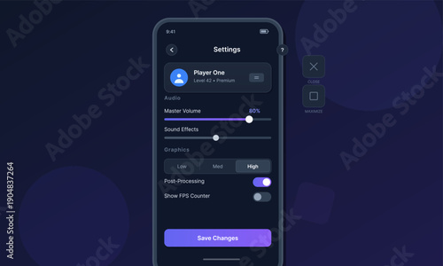 A mobile application interface displays a settings menu with options for audio volume, graphics quality, and post-processing toggles on a dark background with purple accents.