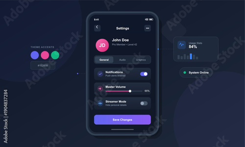 A modern mobile application user interface design showing a settings screen with profile information, volume sliders, notification toggles, and a dark mode theme with colorful accents.