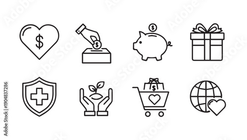 Charity and Donation Icons Set: Heart, Piggy Bank, Gift, Globe, Shopping Cart, Shield, Plant
