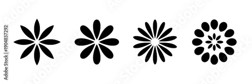 Flowers minimal icon set with black petal rosettes and radial bloom shapes, simple flat silhouettes for logo design, patterns, stickers, UI buttons, and decorative accents