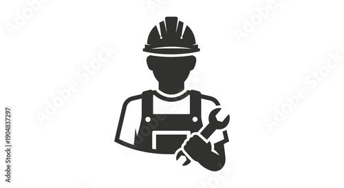 A stark black silhouette depicts a construction worker holding a wrench representing labor and industrial professions high quality