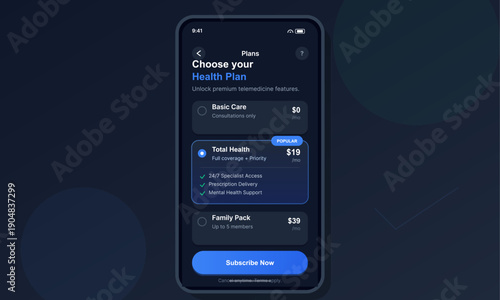 A smartphone screen displays a telemedicine app interface for selecting health plans. It features options for basic care, total health, and family packs with pricing and benefits.