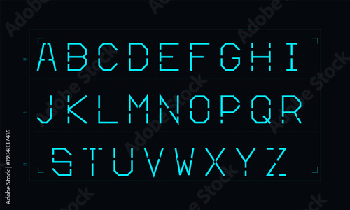 A complete set of uppercase English alphabet letters from A to Z displayed in a futuristic cyan digital font on a black background, featuring a geometric stencil style.