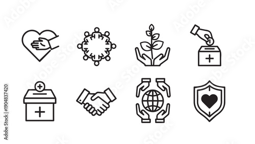 Charity and Support Icons: Hands, Heart, Donation, Growth, Teamwork, Global, Shield