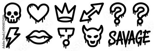 Tattoos doodle icon set with skull, heart, crown, arrow, lightning, lips, trophy, devil face, question marks and savage text in grunge style featuring tattoo flash, graffiti, sketch with hand drawn